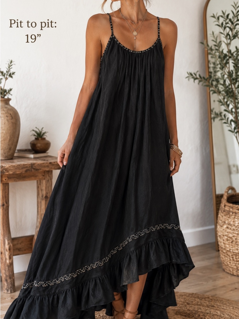 Free People Black Boho Maxi Dress XS Asymmetrical Hem Festival Cottagecore Goth